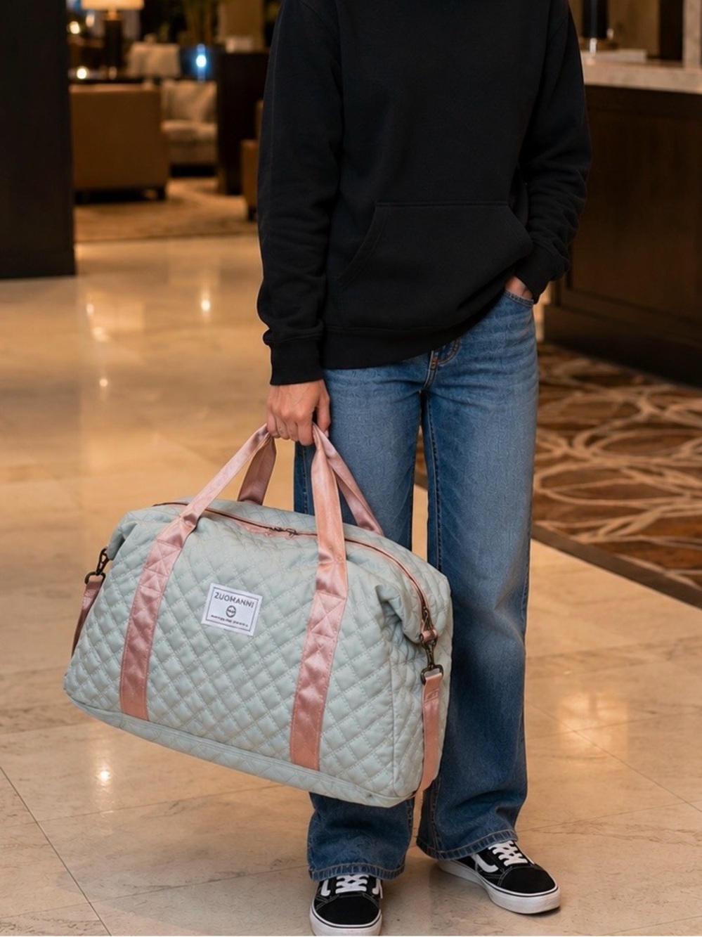 Zuomanni Quilted Sage Green Weekender Bag with Pink Satin Straps - Picture 5 of 14